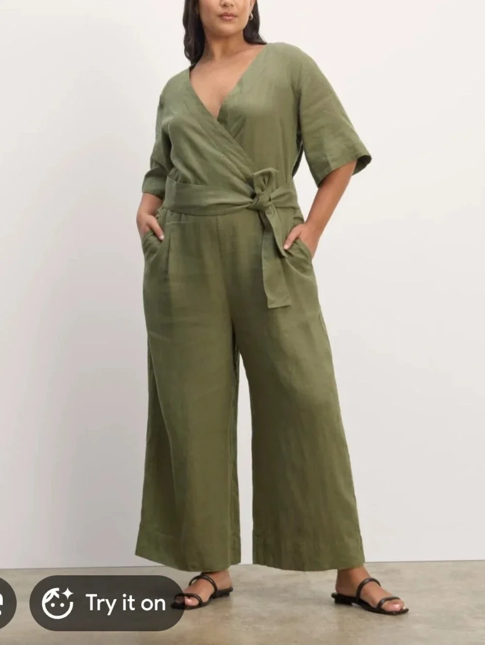 Everlane The Wrap Jumpsuit in Linen Kalamata Green Khaki Olive Size 2